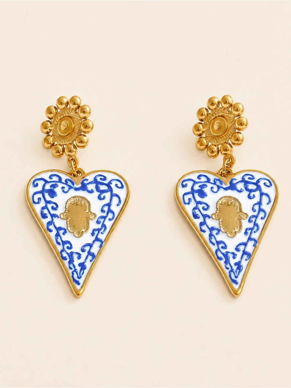 Royal Blue Gold Heart Hamsa Drop Earrings